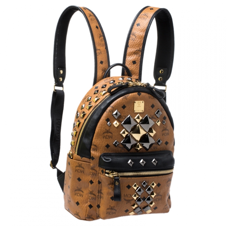 Pre Owned MCM Brown/Black Visetos Studded Coated Canvas Stark Backpack
