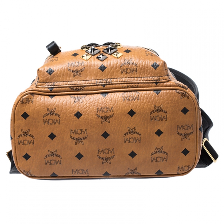 Pre Owned MCM Brown/Black Visetos Studded Coated Canvas Stark Backpack