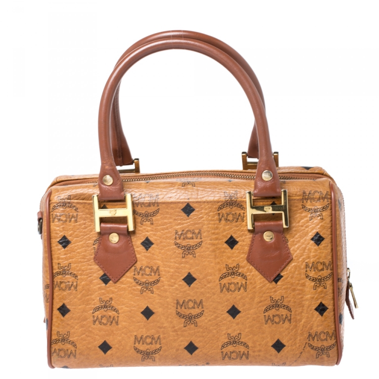 Pre Owned MCM Cognac Visetos Coated Canvas Small Heritage Boston Bag