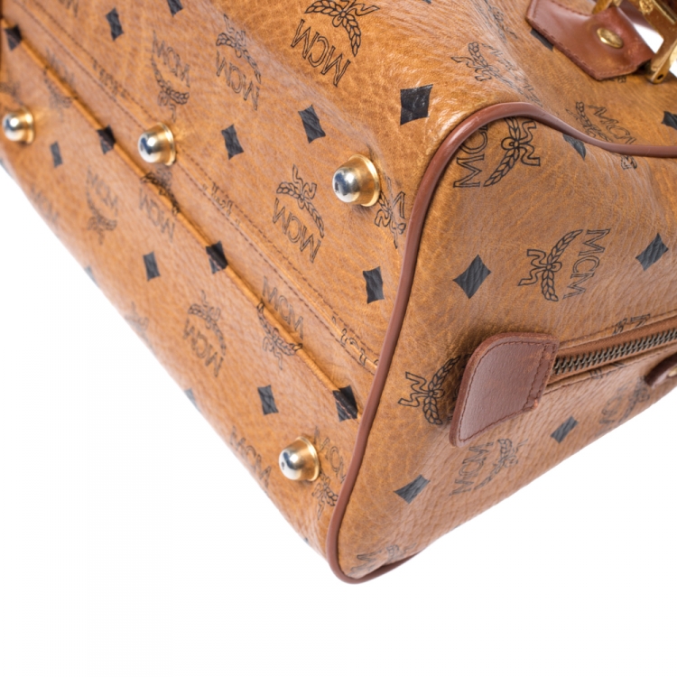 Pre Owned MCM Cognac Visetos Coated Canvas Small Heritage Boston Bag