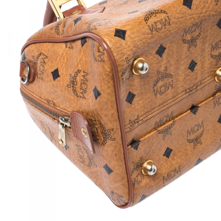 Pre Owned MCM Cognac Visetos Coated Canvas Small Heritage Boston Bag