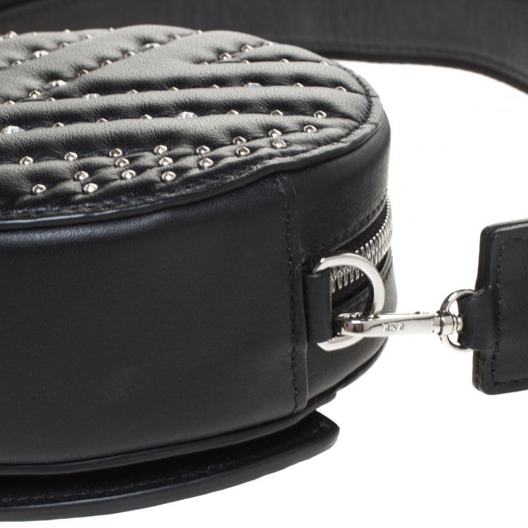 Pre Owned MCM Black Leather Swarovski Crystal Studded Round Shoulder Bags