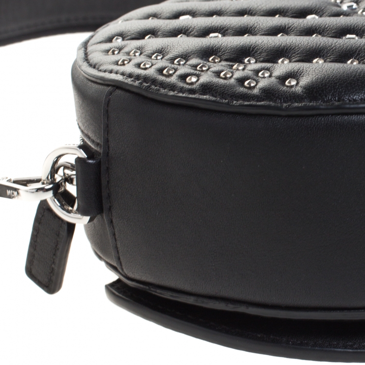 Pre Owned MCM Black Leather Swarovski Crystal Studded Round Shoulder Bags