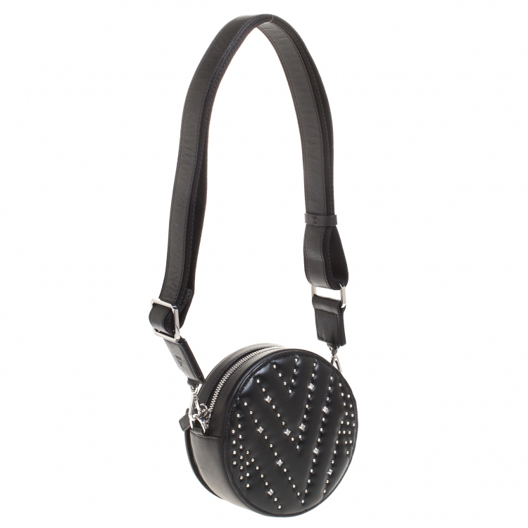 Pre Owned MCM Black Leather Swarovski Crystal Studded Round Shoulder Bags