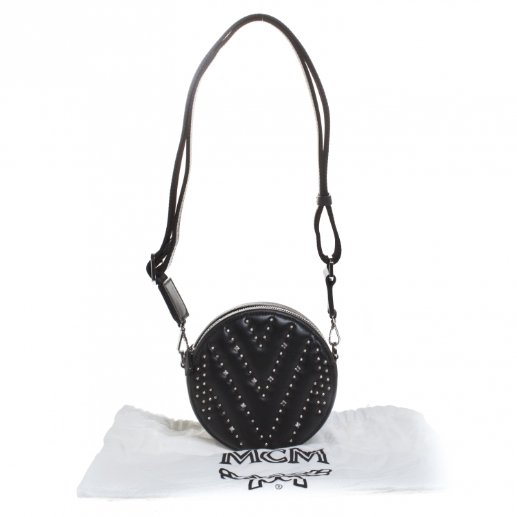 Pre Owned MCM Black Leather Swarovski Crystal Studded Round Shoulder Bags