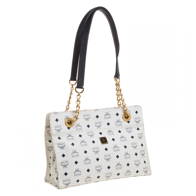 مملوكة مسبقًا MCM White/Black Visetos Coated Canvas Chain Tote