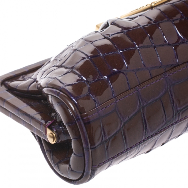 Pre Owned MCM Brown/Purple Croc Effect Patent Leather Frame Clutch