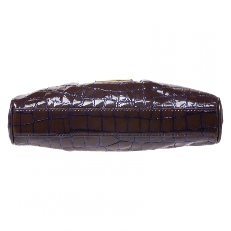 Pre Owned MCM Brown/Purple Croc Effect Patent Leather Frame Clutch