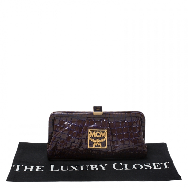 Pre Owned MCM Brown/Purple Croc Effect Patent Leather Frame Clutch