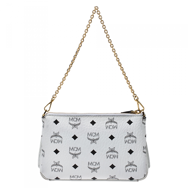 Pre Owned MCM White Visetos Coated Canvas Crossbody Bag