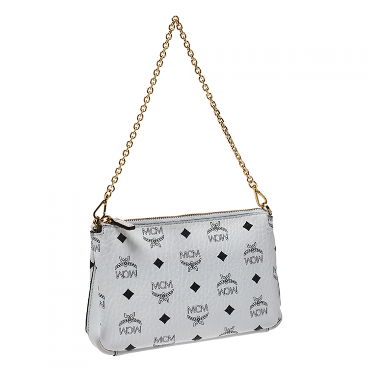 Pre Owned MCM White Visetos Coated Canvas Crossbody Bag