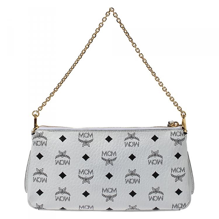 Pre Owned MCM White Visetos Coated Canvas Crossbody Bag
