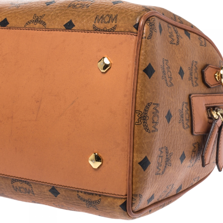 Pre Owned MCM Cognac Visetos Coated Canvas Heritage Boston Bag