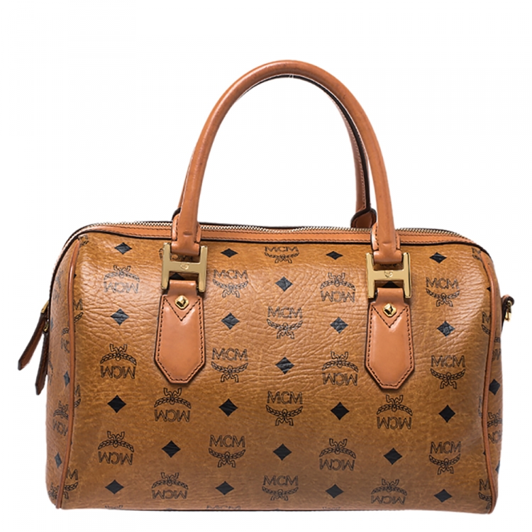 Pre Owned MCM Cognac Visetos Coated Canvas Heritage Boston Bag