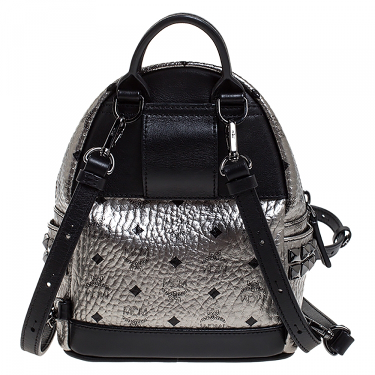 Pre Owned MCM Silver Visetos Coated Canvas Mini Studs Stark Backpack