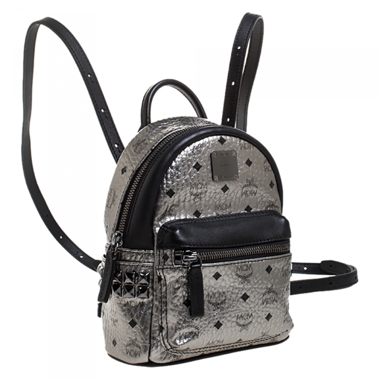 Pre Owned MCM Silver Visetos Coated Canvas Mini Studs Stark Backpack