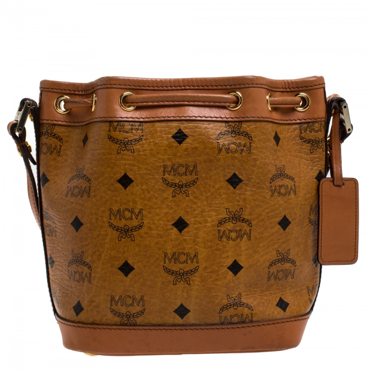 Pre Owned MCM Brown Visetos Coated Canvas Drawstring Shoulder Bag