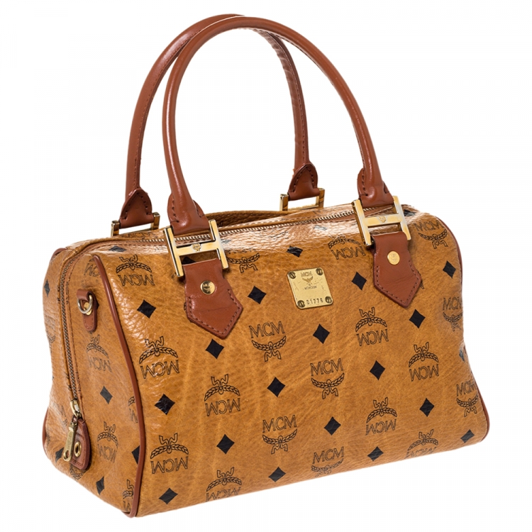 Pre Owned MCM Cognac Visetos Coated Canvas Small Heritage Boston Bag
