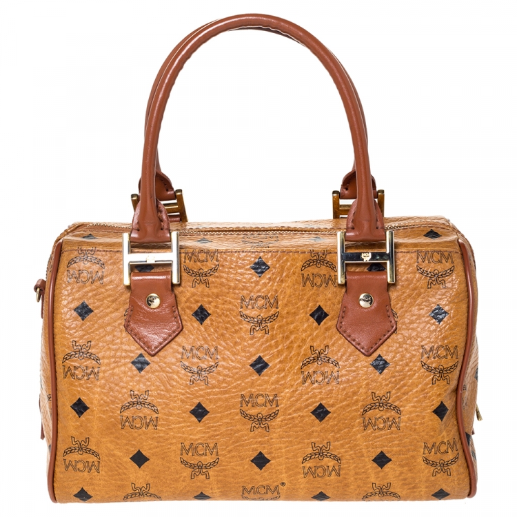 Pre Owned MCM Cognac Visetos Coated Canvas Small Heritage Boston Bag