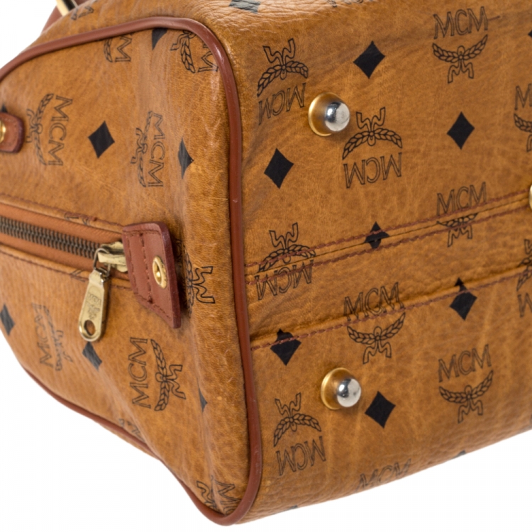 Pre Owned MCM Cognac Visetos Coated Canvas Small Heritage Boston Bag