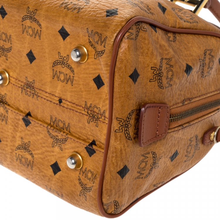 Pre Owned MCM Cognac Visetos Coated Canvas Small Heritage Boston Bag