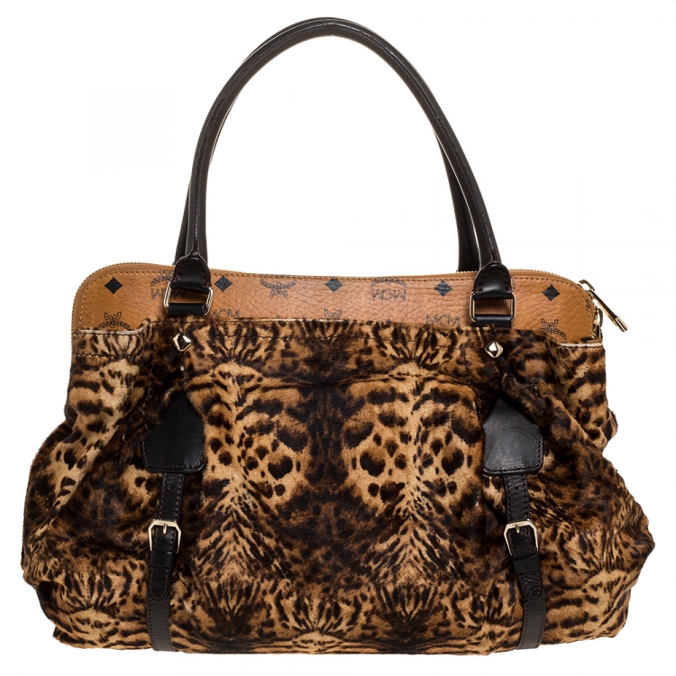 Pre Owned MCM Brown/Black Leopard Print Calfhair and Visetos Coated Canvas Zip Satchel