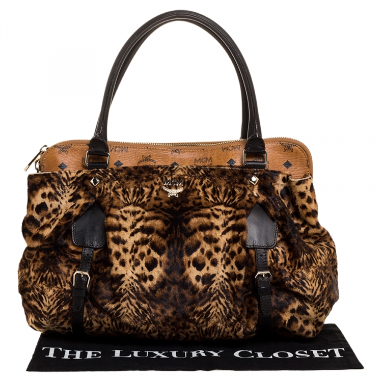 Pre Owned MCM Brown/Black Leopard Print Calfhair and Visetos Coated Canvas Zip Satchel