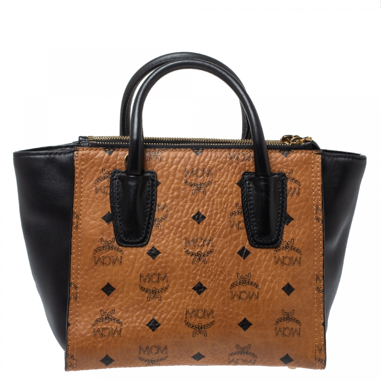 Pre Owned MCM Tan/Black Coated Canvas and Leather Tote