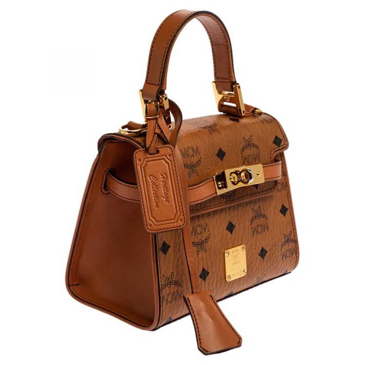Pre Owned MCM Brown Visetos Canvas Mini Heritage Top Handle Bag