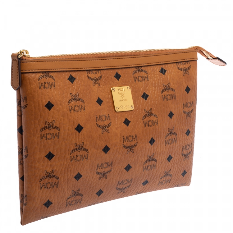 Pre Owned MCM Cognac Visetos Coated Canvas Pouch 