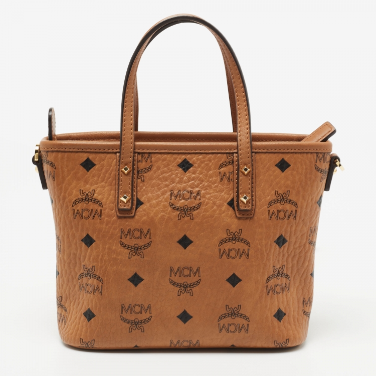 Pre Owned MCM Tan Visetos Coated Canvas and Leather Mini Anya Zip Tote