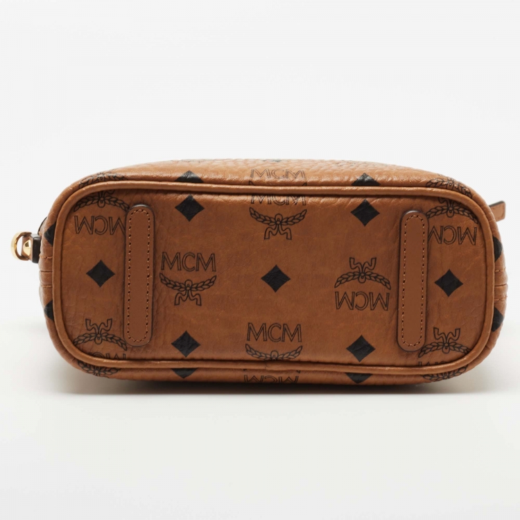 Pre Owned MCM Tan Visetos Coated Canvas and Leather Mini Anya Zip Tote