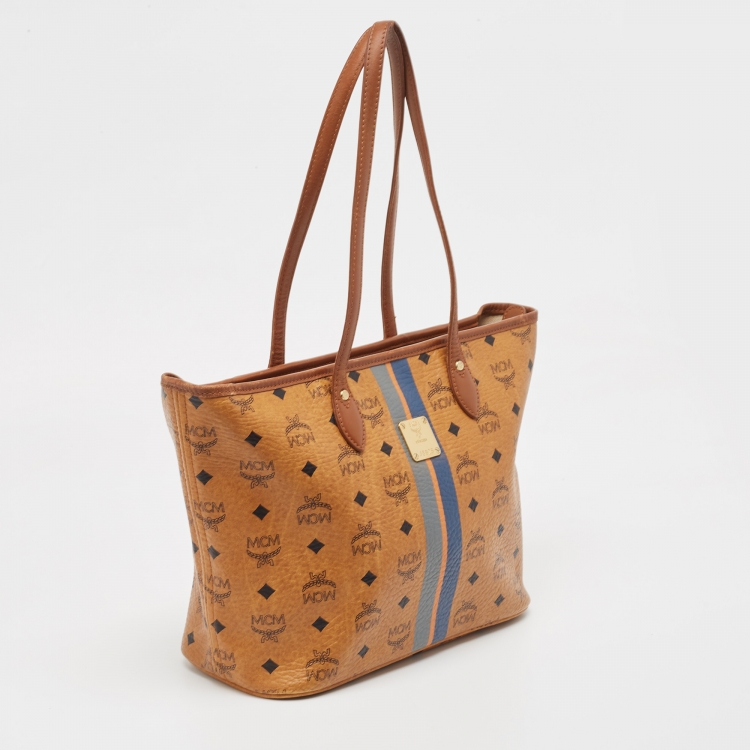 Pre Owned MCM Brown Visetos Coated Canvas and Leather Stripe Tote
