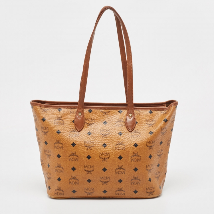 Pre Owned MCM Brown Visetos Coated Canvas and Leather Stripe Tote