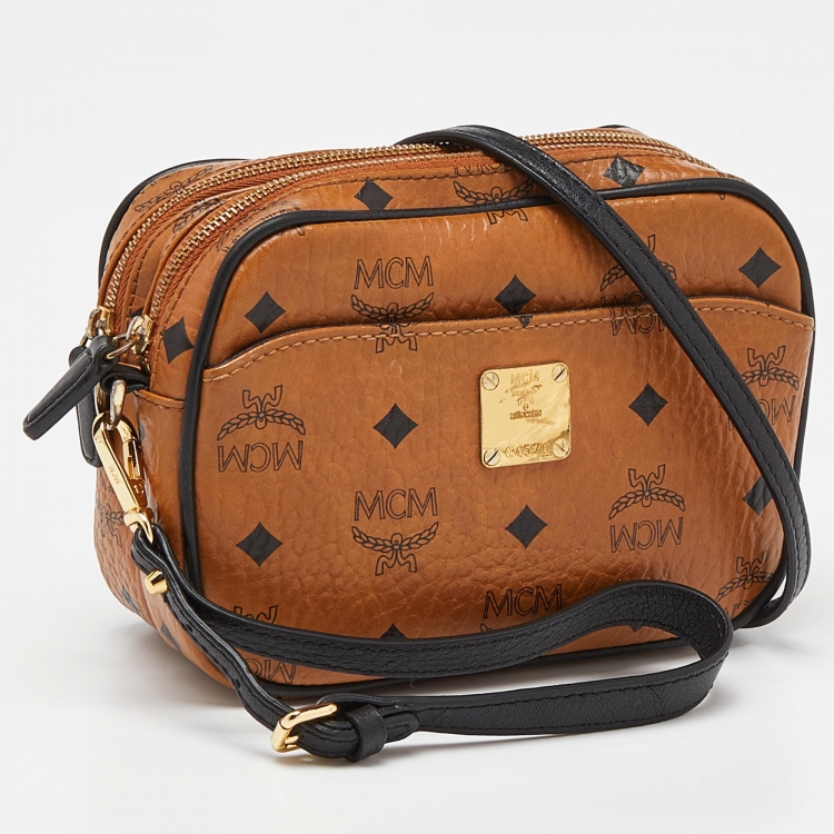 Pre Owned MCM Tan Visetos Coated Canvas and Leather Double Zip Camera Crossbody Bag