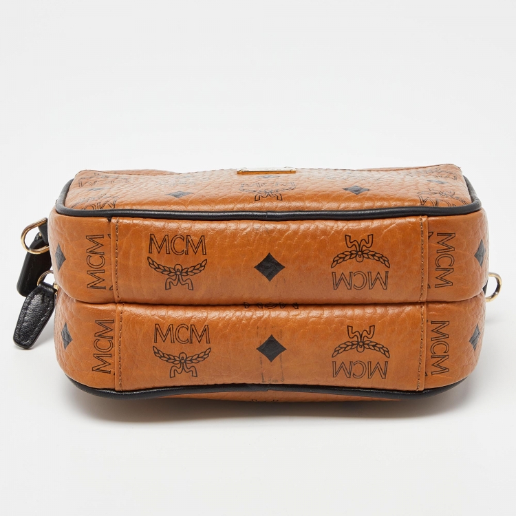 Pre Owned MCM Tan Visetos Coated Canvas and Leather Double Zip Camera Crossbody Bag