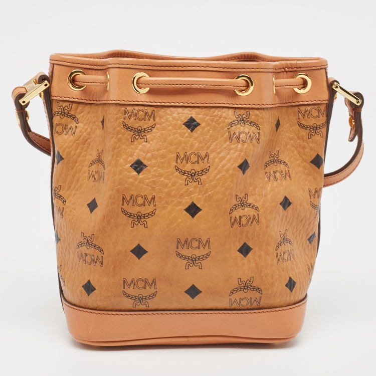 Pre Owned MCM Cognac Visetos Coated Canvas and Leather Mini Drawstring Bucket Bag
