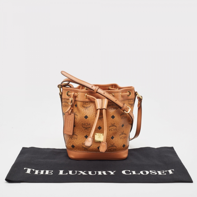 Pre Owned MCM Cognac Visetos Coated Canvas and Leather Mini Drawstring Bucket Bag