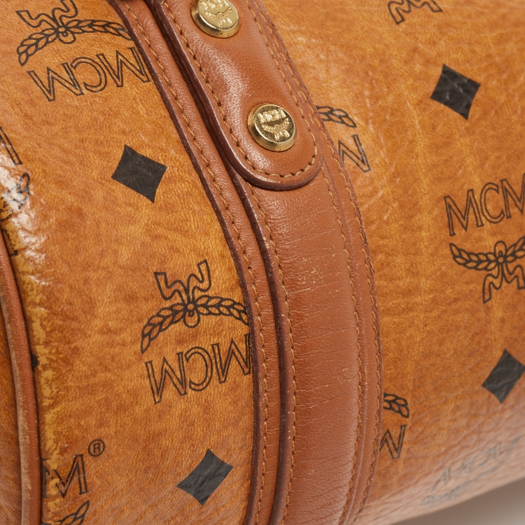 Pre Owned MCM Cognac Visetos Coated Canvas and Leather Boston Bag