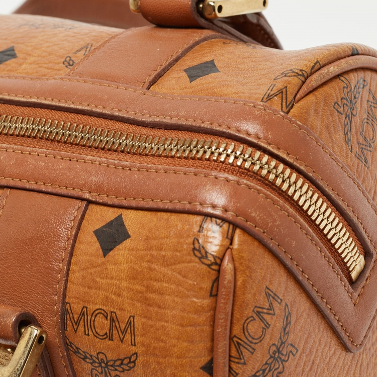 Pre Owned MCM Cognac Visetos Coated Canvas and Leather Boston Bag