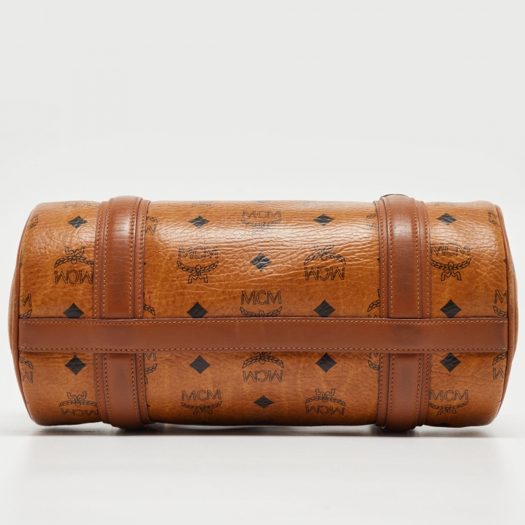 Pre Owned MCM Cognac Visetos Coated Canvas and Leather Boston Bag
