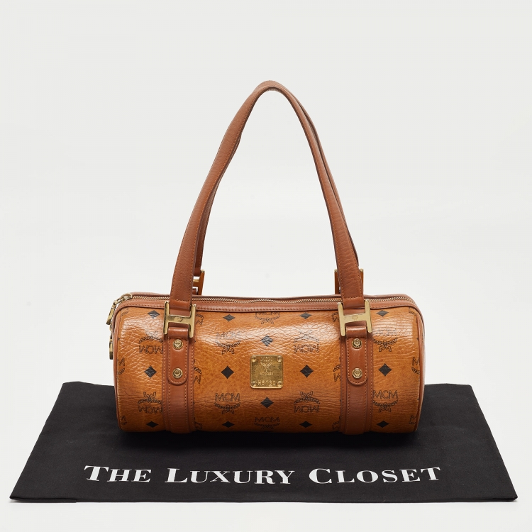 Pre Owned MCM Cognac Visetos Coated Canvas and Leather Boston Bag