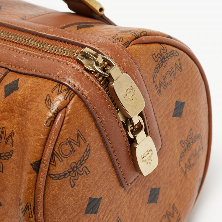 Pre Owned MCM Cognac Visetos Coated Canvas and Leather Boston Bag