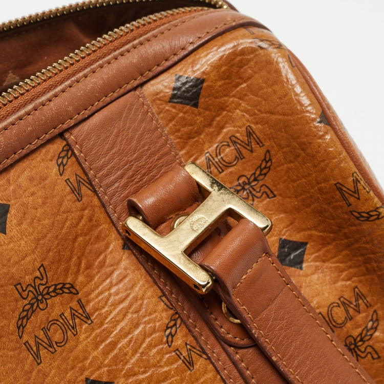 Pre Owned MCM Cognac Visetos Coated Canvas and Leather Boston Bag