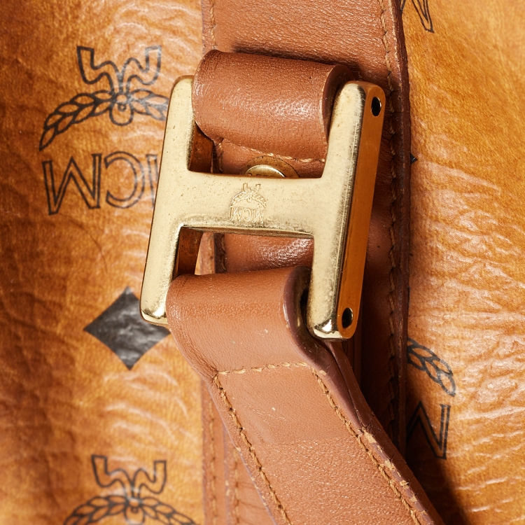 Pre Owned MCM Cognac Visetos Coated Canvas and Leather Boston Bag