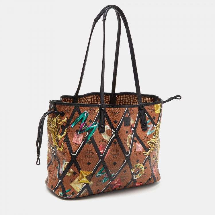 Pre Owned MCM Cognac/Black Visetos Coated Canvas and Leather Shopper Tote