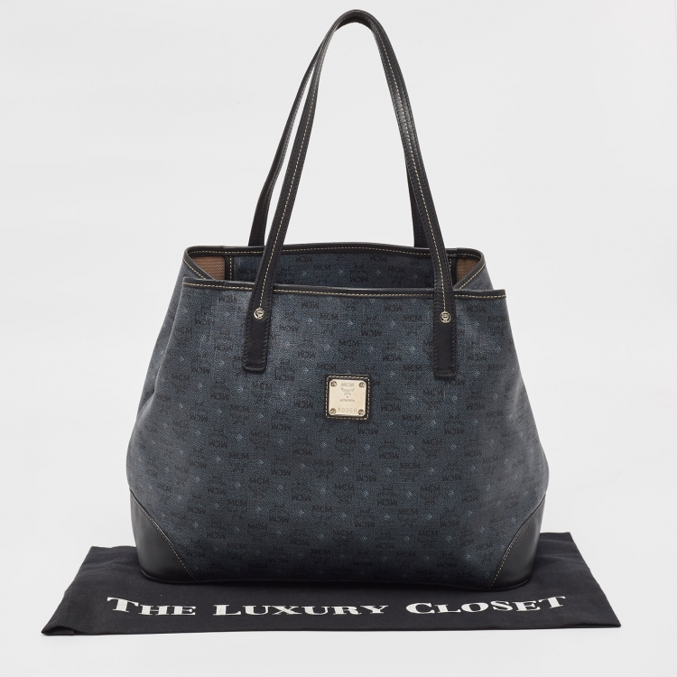 Pre Owned MCM Navy Blue/Black Visetos Coated Canvas and Leather Open Tote