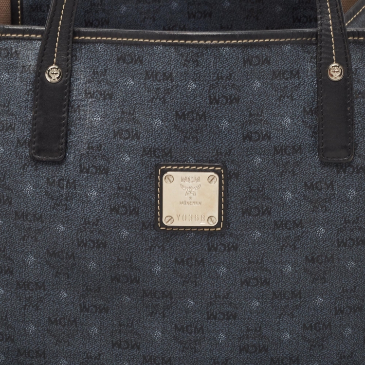 Pre Owned MCM Navy Blue/Black Visetos Coated Canvas and Leather Open Tote