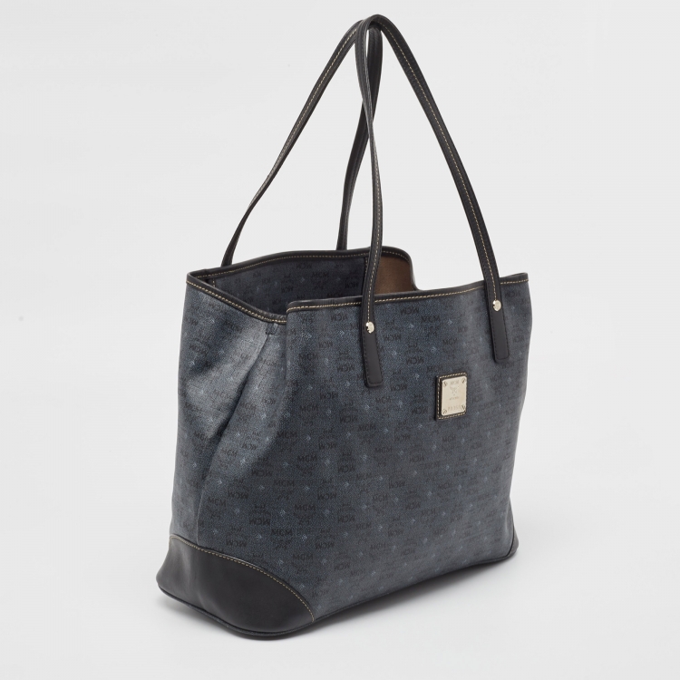 Pre Owned MCM Navy Blue/Black Visetos Coated Canvas and Leather Open Tote