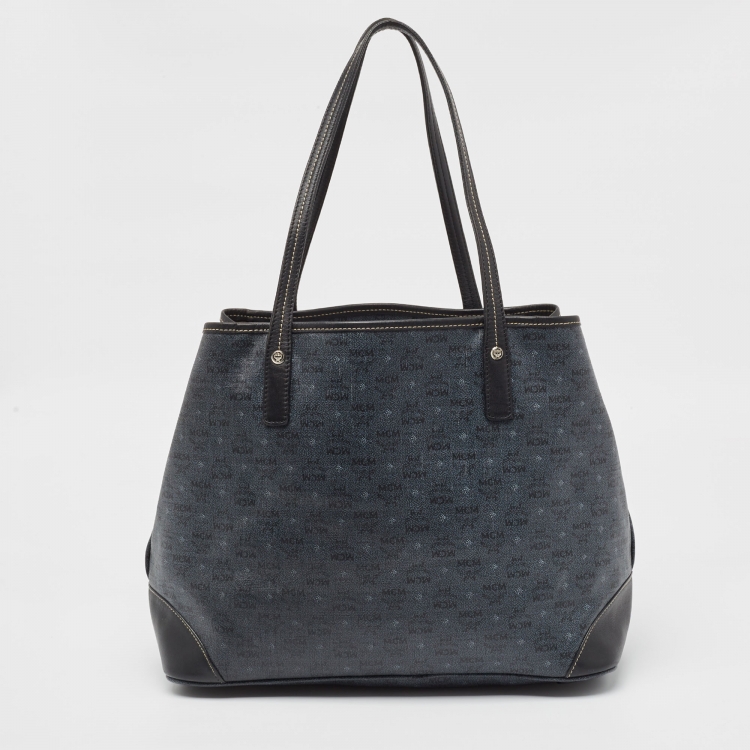Pre Owned MCM Navy Blue/Black Visetos Coated Canvas and Leather Open Tote